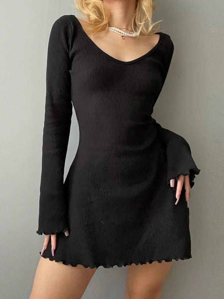 Knitting Elegant Dress For Women Spring Fall Solid Color V Neck Office Lady Irregular Hem Simple Basic Slim Dresses - Etawia Products