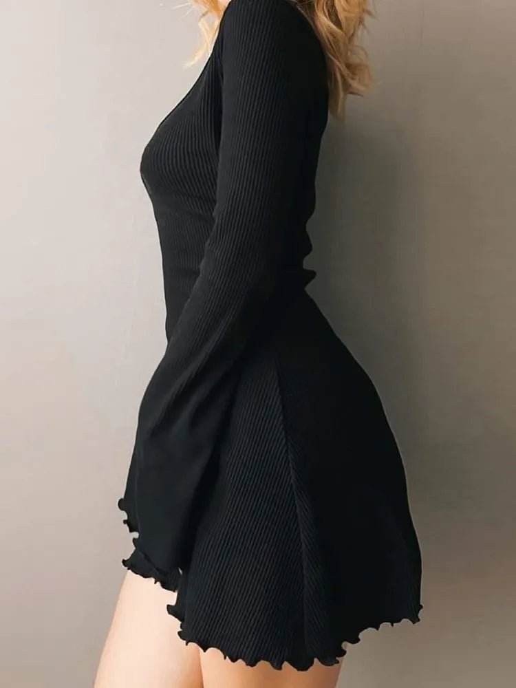 Knitting Elegant Dress For Women Spring Fall Solid Color V Neck Office Lady Irregular Hem Simple Basic Slim Dresses - Etawia Products