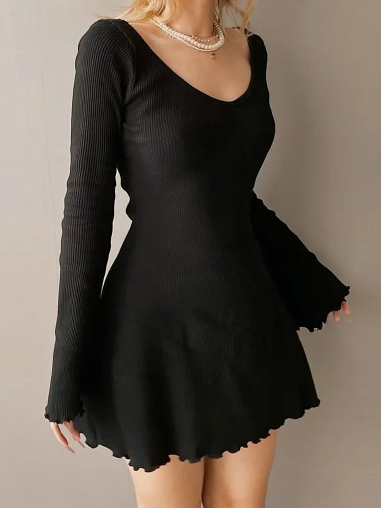 Knitting Elegant Dress For Women Spring Fall Solid Color V Neck Office Lady Irregular Hem Simple Basic Slim Dresses - Etawia Products