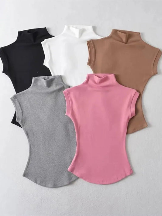 Women Summer Sexy Turtleneck Sleeveless T-Shirts Tops Solid Slim Fit Pullovers Causal Tees Shirts Female Streetwear Basics Tees - Etawia Products