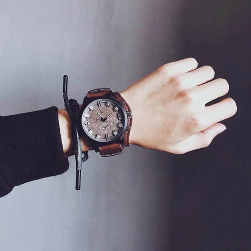 YIKAZE Retro Men's Watch: Classic Luxury, Quartz, Big Dial, Leather Strap, Date Function, Military Style. - Etawia Products