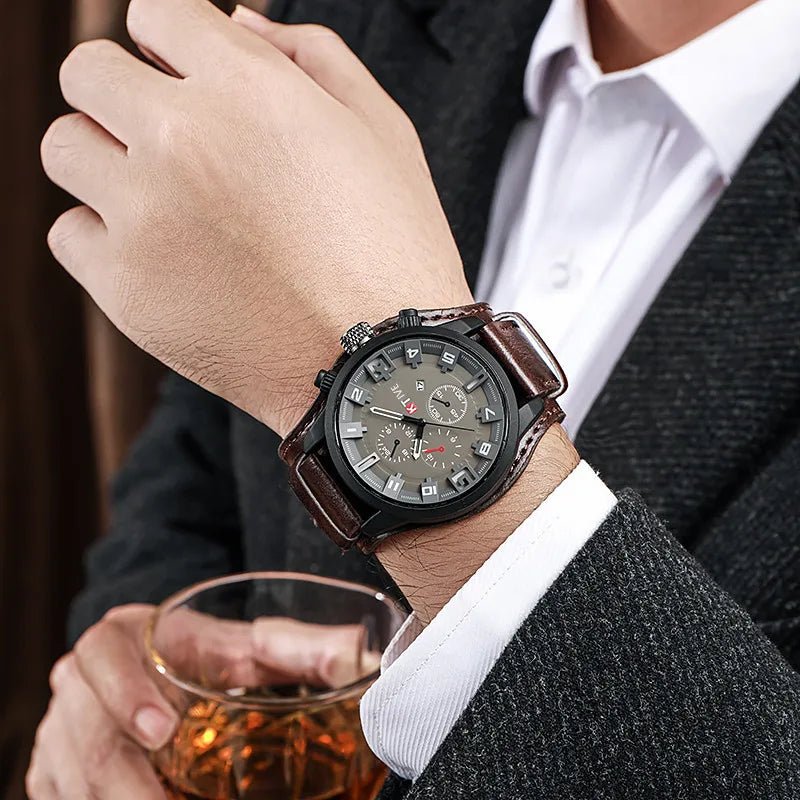 YIKAZE Retro Men's Watch: Classic Luxury, Quartz, Big Dial, Leather Strap, Date Function, Military Style. - Etawia Products