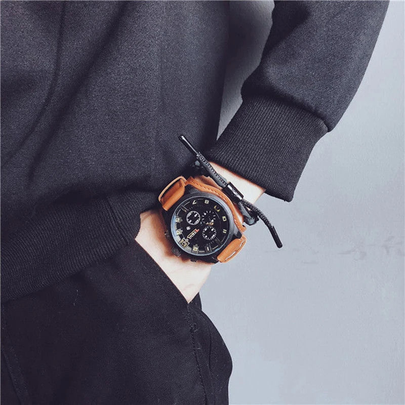 YIKAZE Retro Men's Watch: Classic Luxury, Quartz, Big Dial, Leather Strap, Date Function, Military Style. - Etawia Products