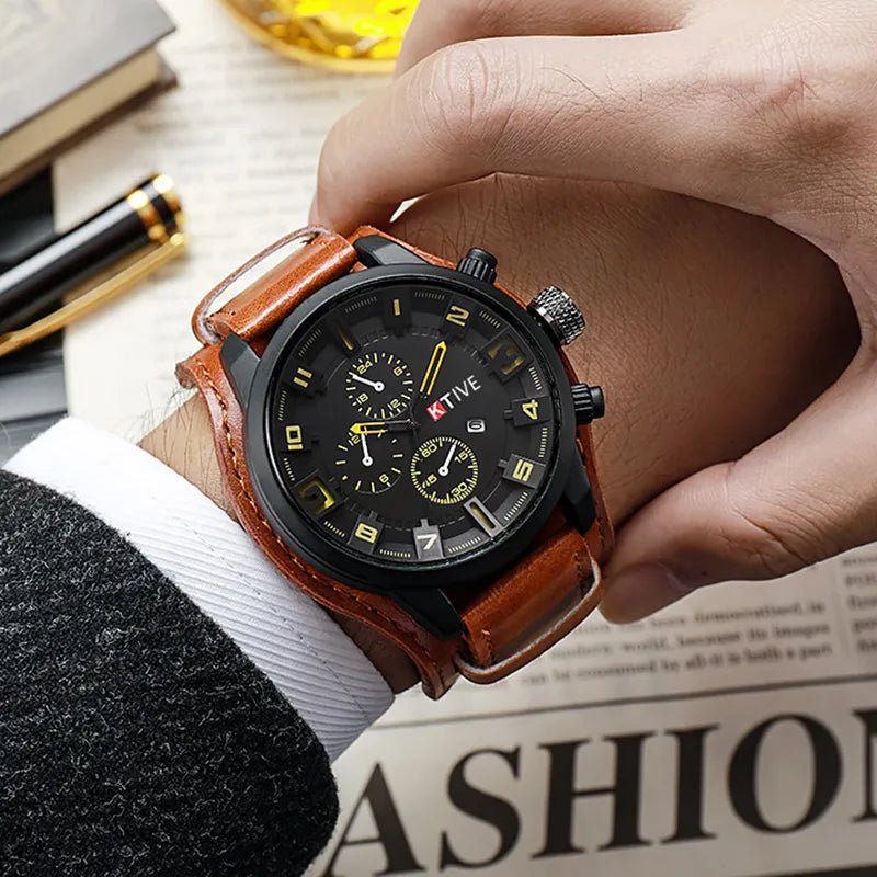 YIKAZE Retro Men's Watch: Classic Luxury, Quartz, Big Dial, Leather Strap, Date Function, Military Style. - Etawia Products