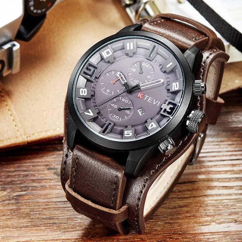 YIKAZE Retro Men's Watch: Classic Luxury, Quartz, Big Dial, Leather Strap, Date Function, Military Style. - Etawia Products